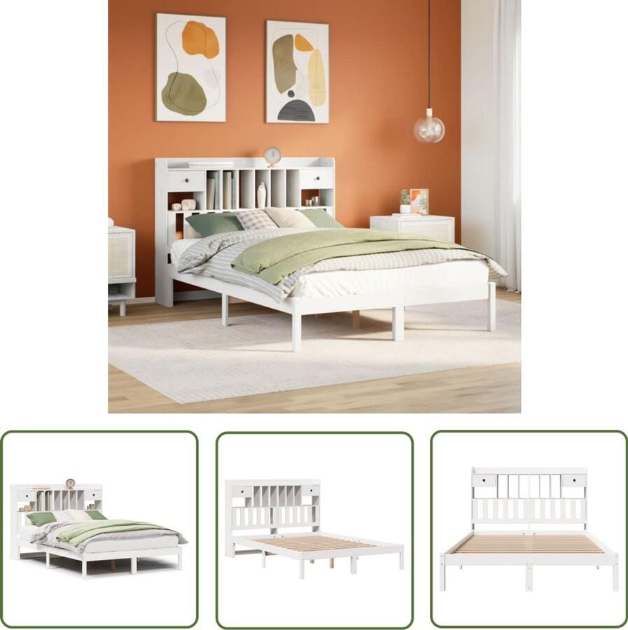 VidaXL Boekenkast Bed met boekenkast zonder matras grenenhout wit 150x200 cm Houten Bed Grenen Hout Tweepersoonsbed