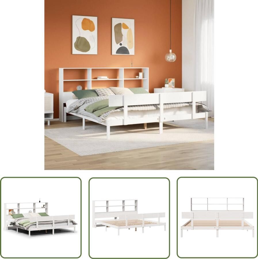 VidaXL Bed met boekenkast zonder matras grenenhout wit 200x200 cm Bed Boekenkast Houten Bed Grenenhouten Bed Tweepersoonsbed