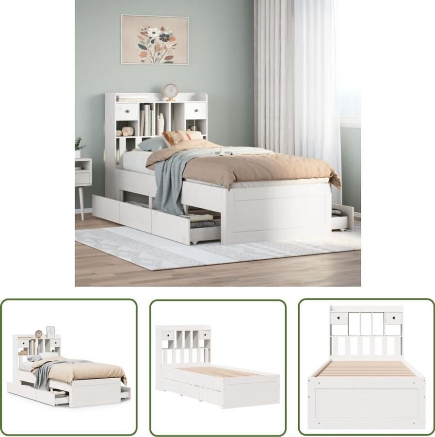 VidaXL Bed met boekenkast zonder matras grenenhout wit 75x190 cm Bed Boekenkast Houten Bed Grenenhouten Bed Tweepersoonsbed