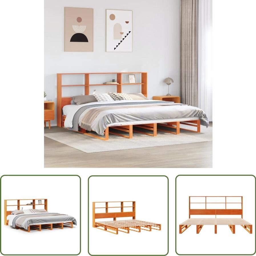 VidaXL Boekenkast Bed met boekenkast zonder matras hout wasbruin 200x200 cm Houten Bed Slaapkamers Massief Grenenhout