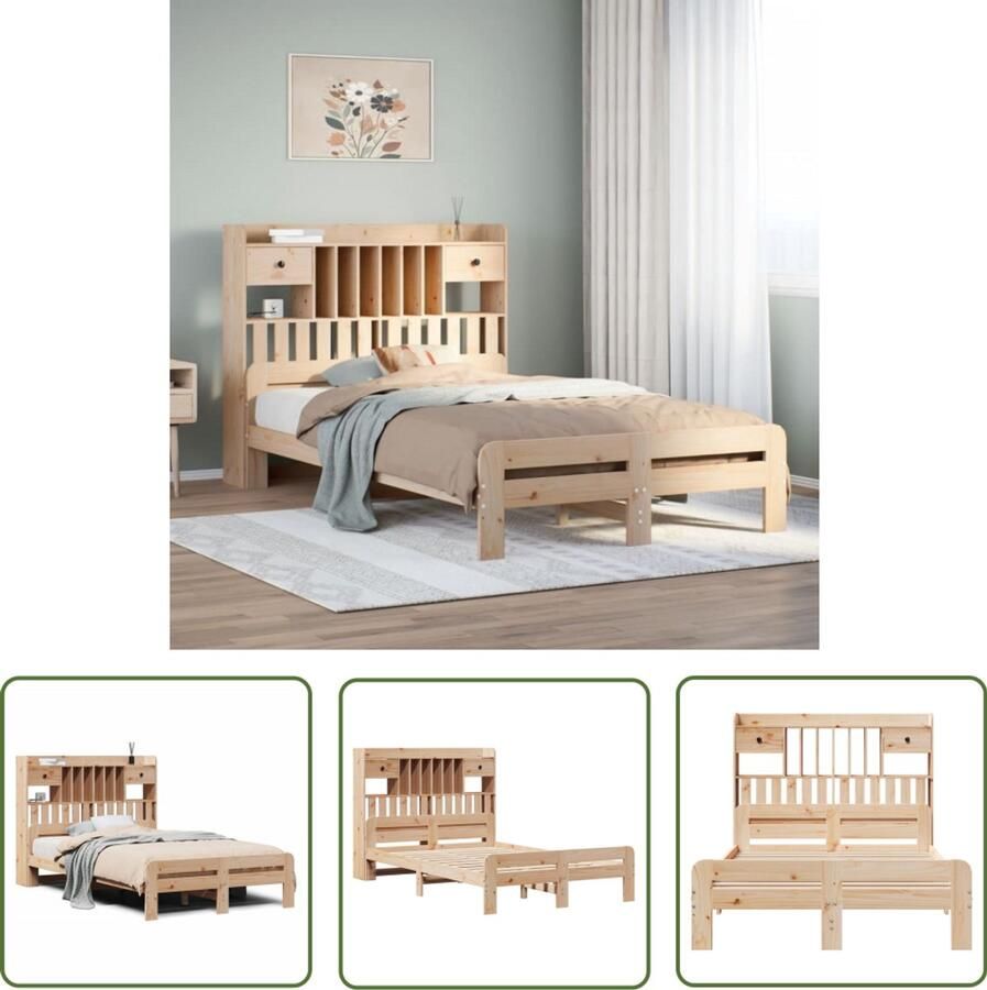 VidaXL Boekenkast Bed met boekenkast zonder matras massief grenenhout 135x190 cm Houten Bed Massief Grenenhout Bedframe