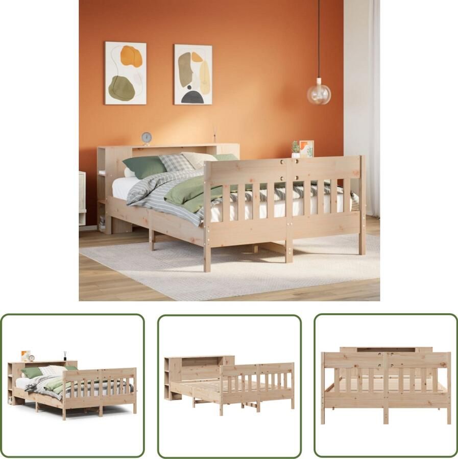 VidaXL Boekenkast Bed met boekenkast zonder matras massief grenenhout 140x200 cm Houten Bed Grenenhouten Bed Tweepersoonsbed