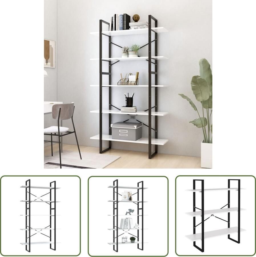 The Living Store Boekenkast met 5 schappen 100x30x175 cm bewerkt hout wit Bibliotheek Boekenkast Industrieel Design Houten Boekenkast Witte Boekenkast - Foto 2