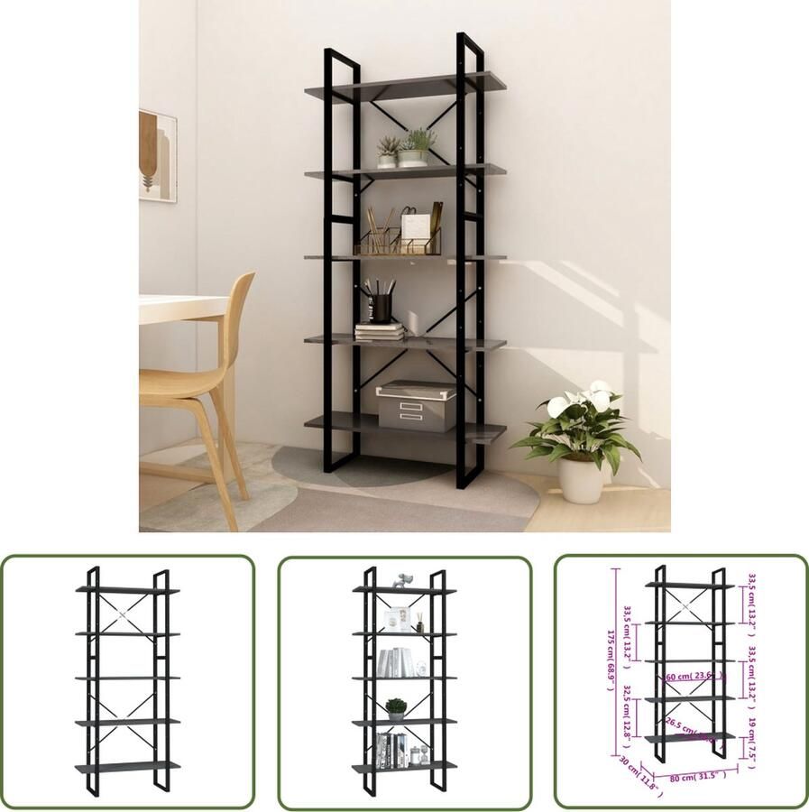 The Living Store Boekenkast IndustriÃle stijl Hout en metaal 80 x 30 x 105 cm Grijs Bibliotheek Boekenkast Industrieel Houten Boekenkast Grijze Boekenkast - Foto 2
