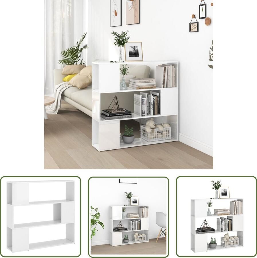The Living Store Boekenkast Kamerverdeler 100 x 24 x 94 cm Hoogglans wit Bibliotheek Boekenkast Kamerdivider Witte Boekenkast Houten Boekenkast - Foto 2