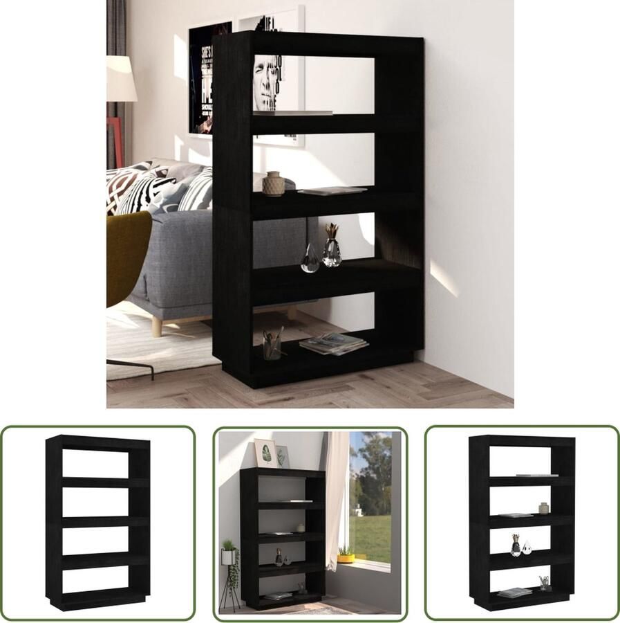 The Living Store Boekenkast kamerscherm 80x35x135 cm massief grenenhout zwart Bibliotheek Boekenkast Grenoble Hout Zwarte Boekenkast Kamerdivider - Foto 2