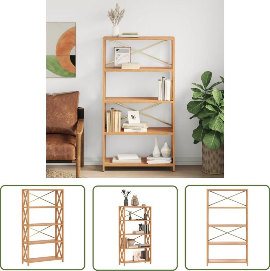 The Living Store Opbergrek Massief Eikenhout 80 x 30 x 146 cm 5 schappen Bibliotheek Boekenkast Opbergkast Eikenhouten Kast Vintage Kast - Foto 2