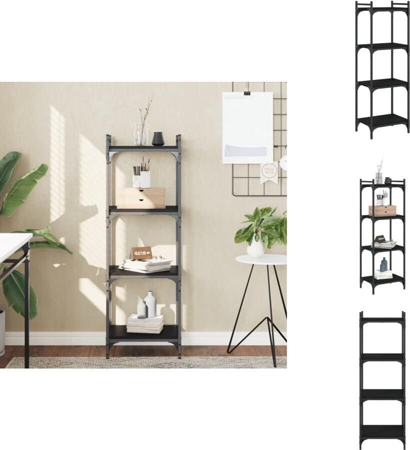 The Living Store Boekenkast 4-laags 40x30x120 cm bewerkt hout zwart Boekenkast Houten Boekenkast Industriele Boekenkast Zwarte Boekenkast Boekenplank - Foto 2