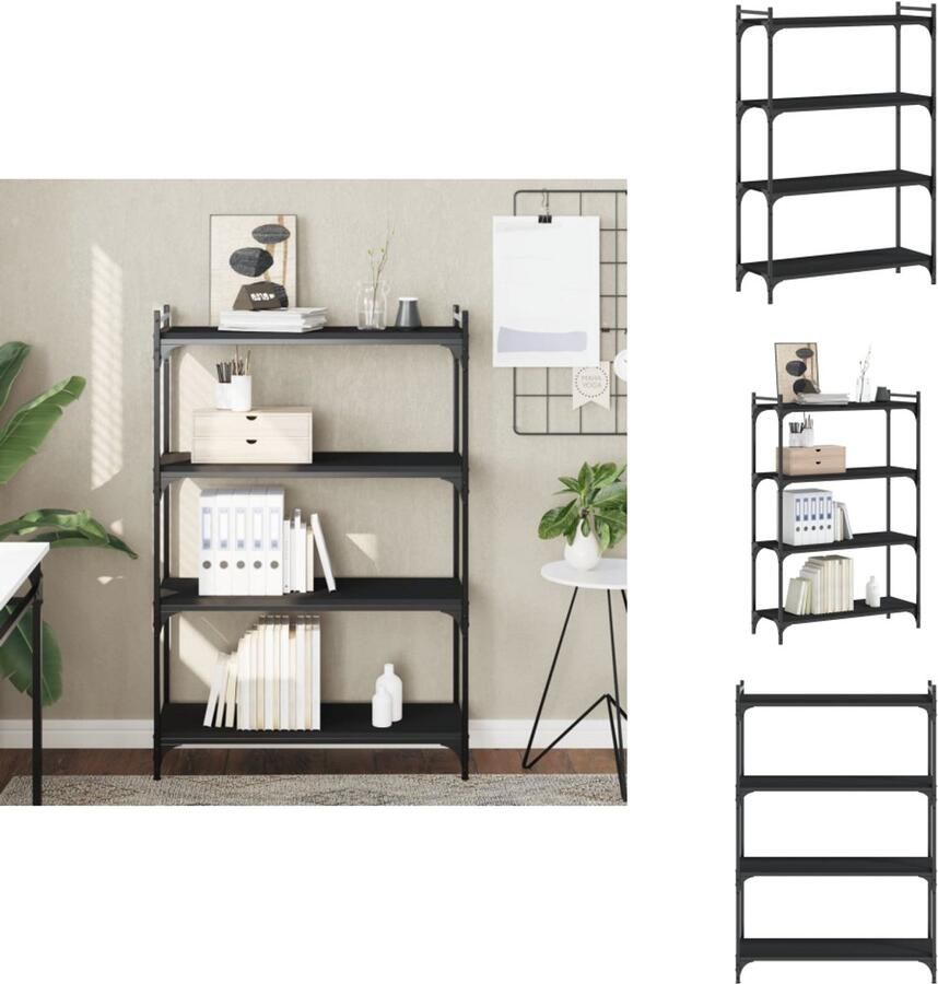 The Living Store Boekenkast 4-laags 80x30x120 cm bewerkt hout zwart Boekenkast Industrieel Design Houten Boekenkast Zwarte Boekenkast Boekenplank - Foto 3