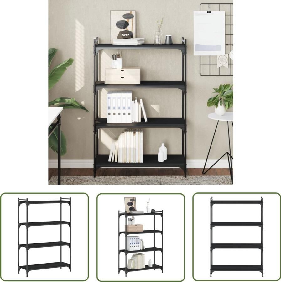 The Living Store Boekenkast 4-laags 80x30x120 cm bewerkt hout zwart Boekenkast Industrieel Design Houten Boekenkast Zwarte Boekenkast Boekenplank - Foto 2