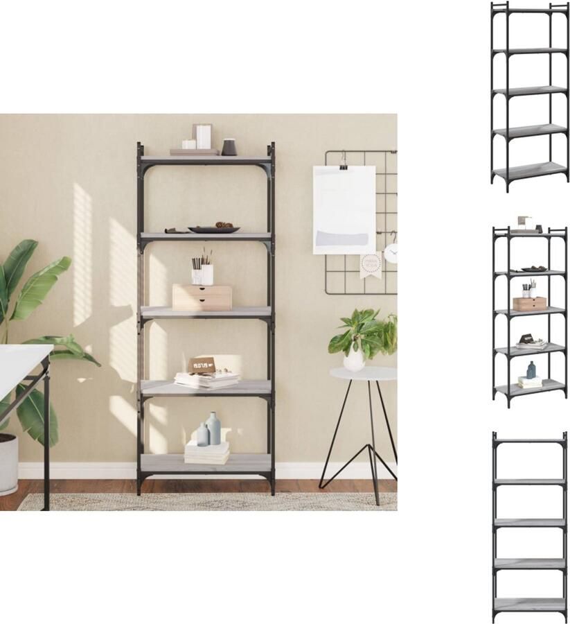 The Living Store Boekenkast 5-laags 60x30x154 cm bewerkt hout grijs sonoma Boekenkast Houten Boekenkast Grijze Boekenkast Boekenplank Opslagmeubel