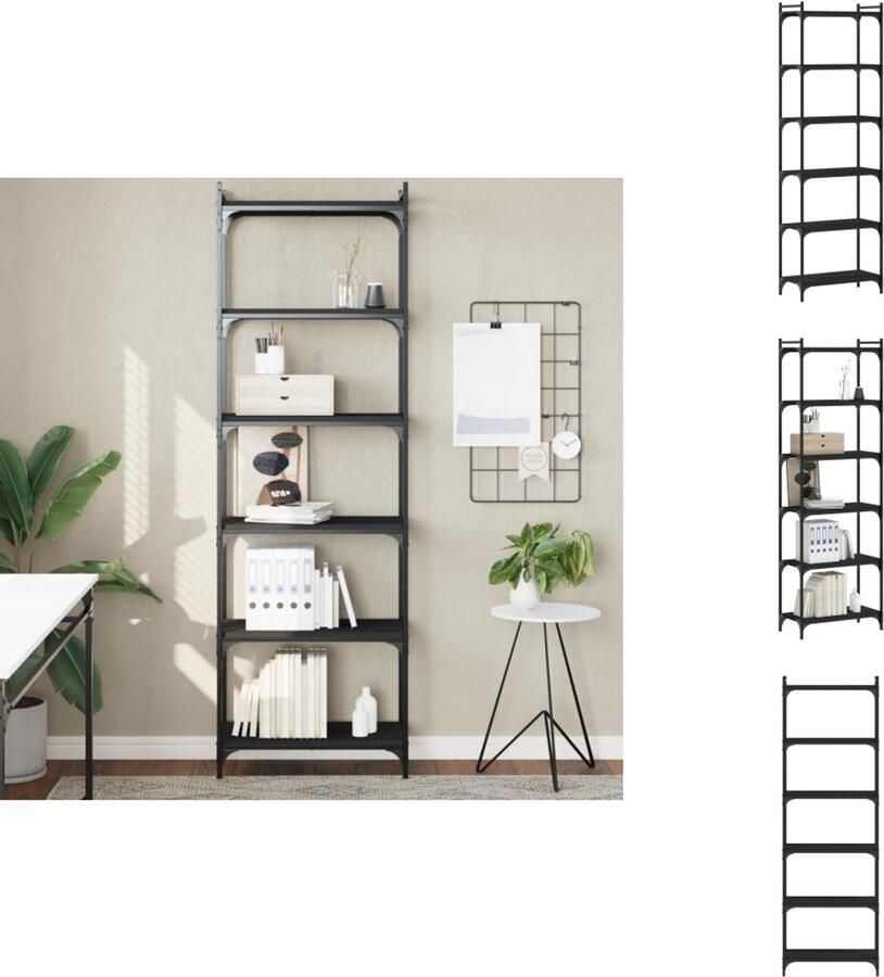 The Living Store Boekenkast 6-laags 60x30x188 cm bewerkt hout zwart Boekenkast Industrieel Design Houten Boekenkast Bibliotheekkast Opslagoplossing - Foto 2