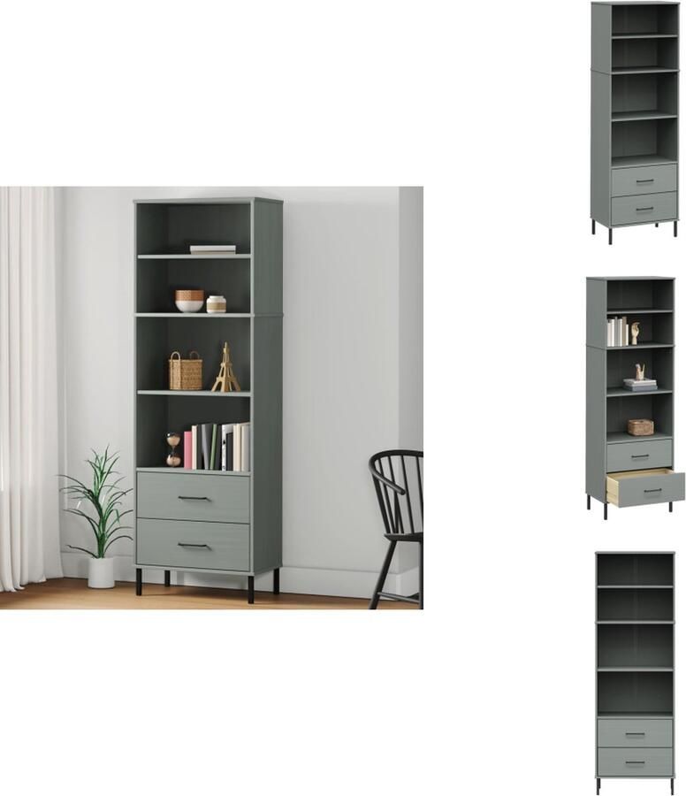 VidaXL Boekenkast Boekenkasten Boekenplank Boekenplanken Boekenkast met 2 lades OSLO 60x35x180 cm massief hout grijs - Foto 2