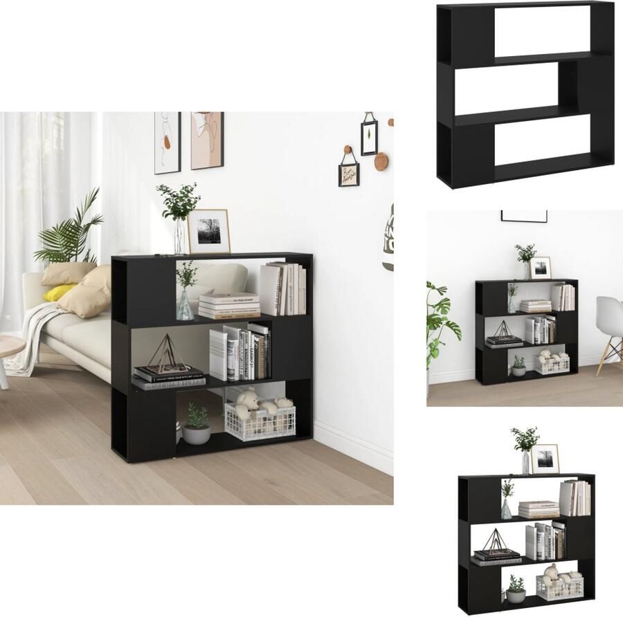 The Living Store Kamerverdeler Boekenkast 100 x 24 x 94 cm Zwart Kamerverdeler Boekenkast Houten Boekenkast Zwarte Boekenkast Boekenrek - Foto 2