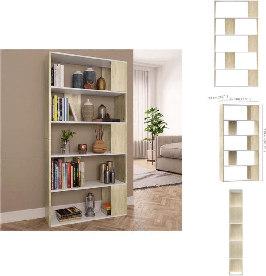 VidaXL Boekenkast Boekenkasten Boekenschap Boekenschappen Boekenkast kamerscherm 80x24x159 cm wit en sonoma eikenkleurig