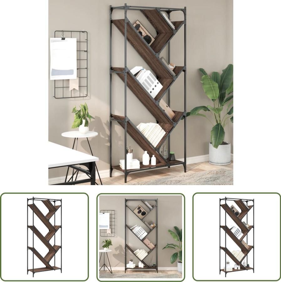 The Living Store Boekenkast 79x30x180 cm bewerkt hout en metaal bruin eiken Boekenkast Houten Boekenkast Vintage Boekenkast Bibliotheekkast Design Boekenkast - Foto 2