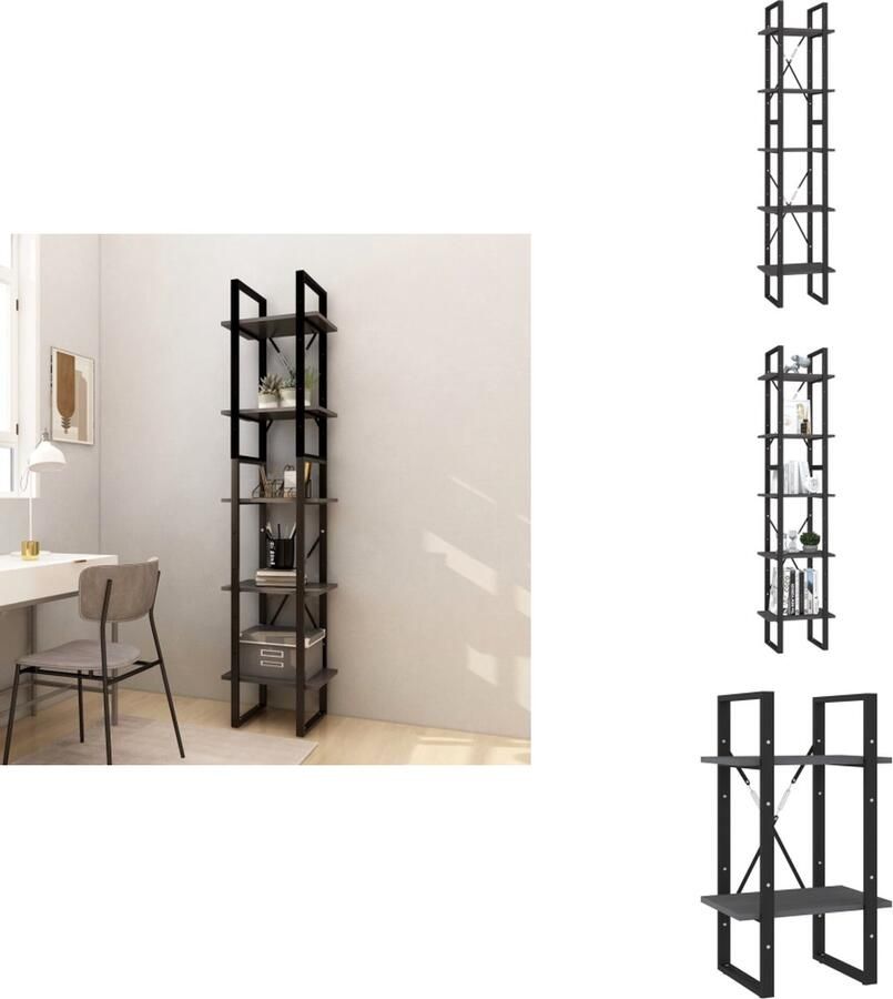 The Living Store Boekenkast met 5 schappen 40x30x175 cm massief grenenhout grijs Boekenkast Grenoble Hout Metalen Frame Industrieel Design Moderne Boekenkast - Foto 3