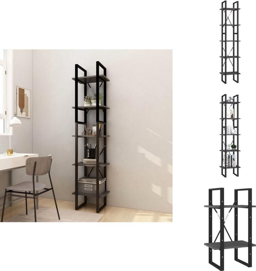 The Living Store Boekenkast met 5 schappen 40x30x175 cm massief grenenhout grijs Boekenkast Grenoble Hout Metalen Frame Industrieel Design Moderne Boekenkast - Foto 2