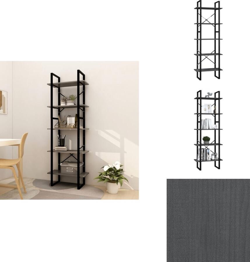 VidaXL Boekenkast Boekenkasten Kast Kasten Boekenkast met 5 schappen 60x30x175 cm massief grenenhout grijs - Foto 2