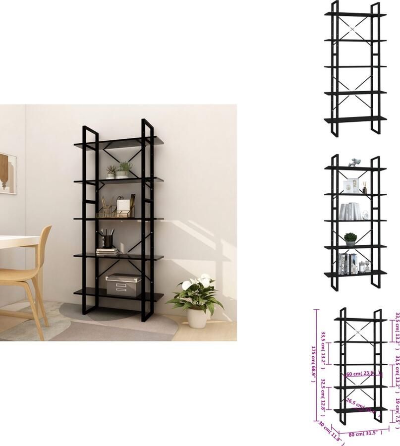 VidaXL Boekenkast Boekenkasten Kast Kasten Boekenkast met 5 schappen 80x30x175 cm bewerkt hout zwart - Foto 2