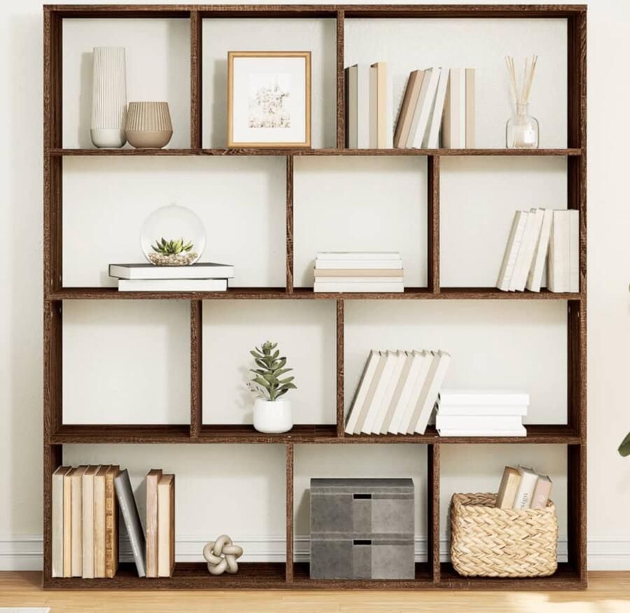 VidaXL Boekenkast Bruin Eiken 12 Vakken 132x141 cm Boekenkast Boekenkasten Boeken Plank Schappenkast
