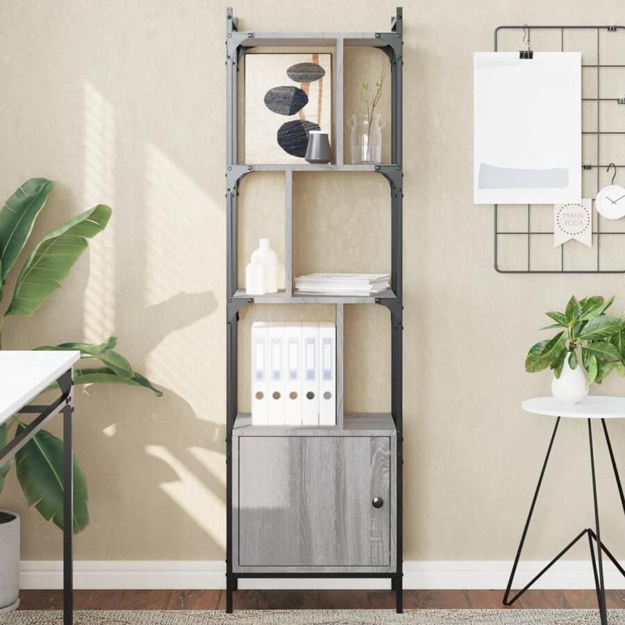 The Living Store Boekenkast XYZ Opbergkast 44.5 x 30 x 154.5 cm Grijs Sonoma Eiken Staal en Bewerkt Hout Boekenkast Bibliotheek Opbergkast Houten Boekenkast Grijze Boekenkast