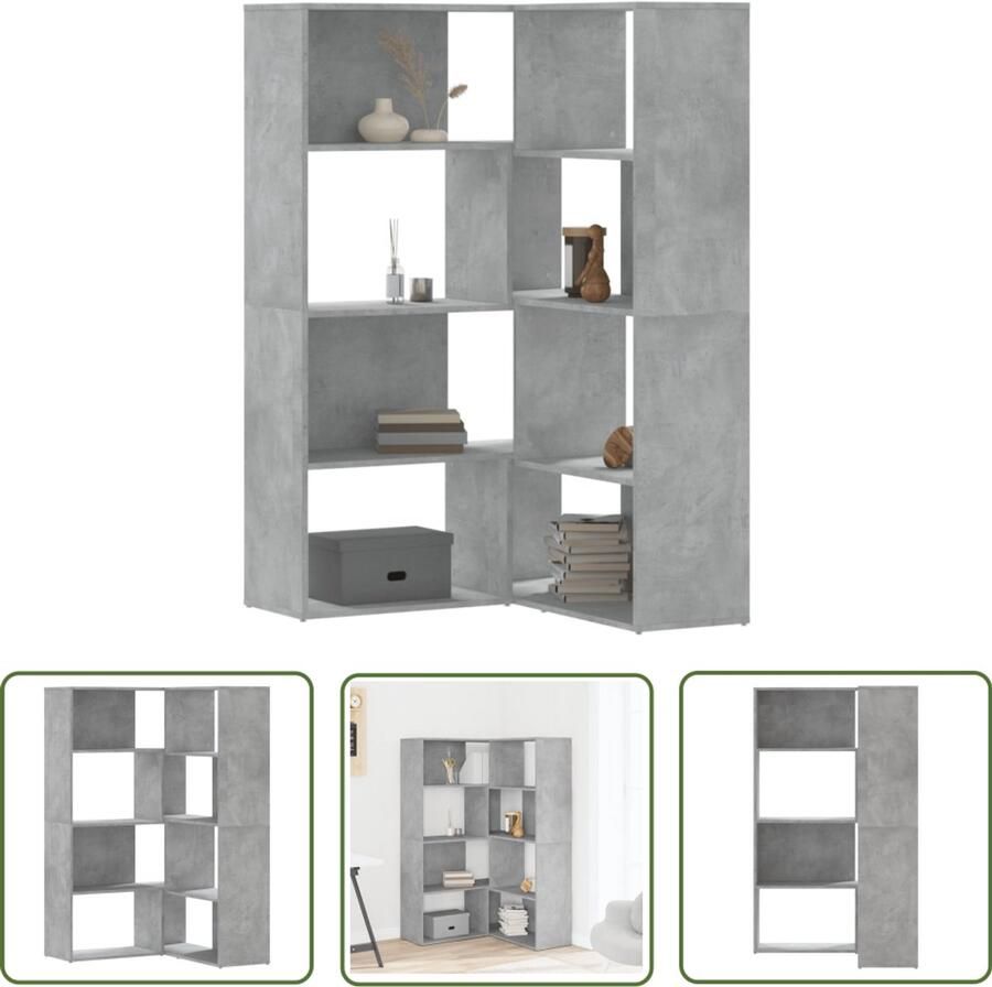 The Living Store Boekenkast 4-laags hoek 85x85x140 cm bewerkt hout betongrijs Hoeken Kast Boekenkast Winkelkasten Interieur Design Houten Boekenkast