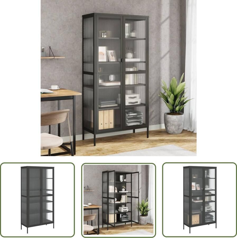 The Living Store Hoge kast 85x40x180 cm glas en staal zwart Hoge Kast Vitrinekast Opslagoplossing Woonaccessoires Interieurstijl
