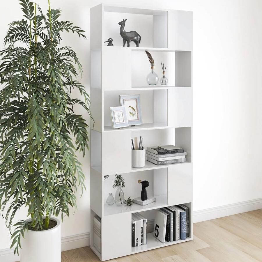 VidaXL Boekenkast Hoogglans wit 80x24x186 cm Boekenkast Kamerscherm Houten Boekenkast Witte Boekenkast Room Divider Scheidingswand Woonaccessoires Interieuraccessoires Living Accessoires Slaapkamer Accessoires - Foto 2