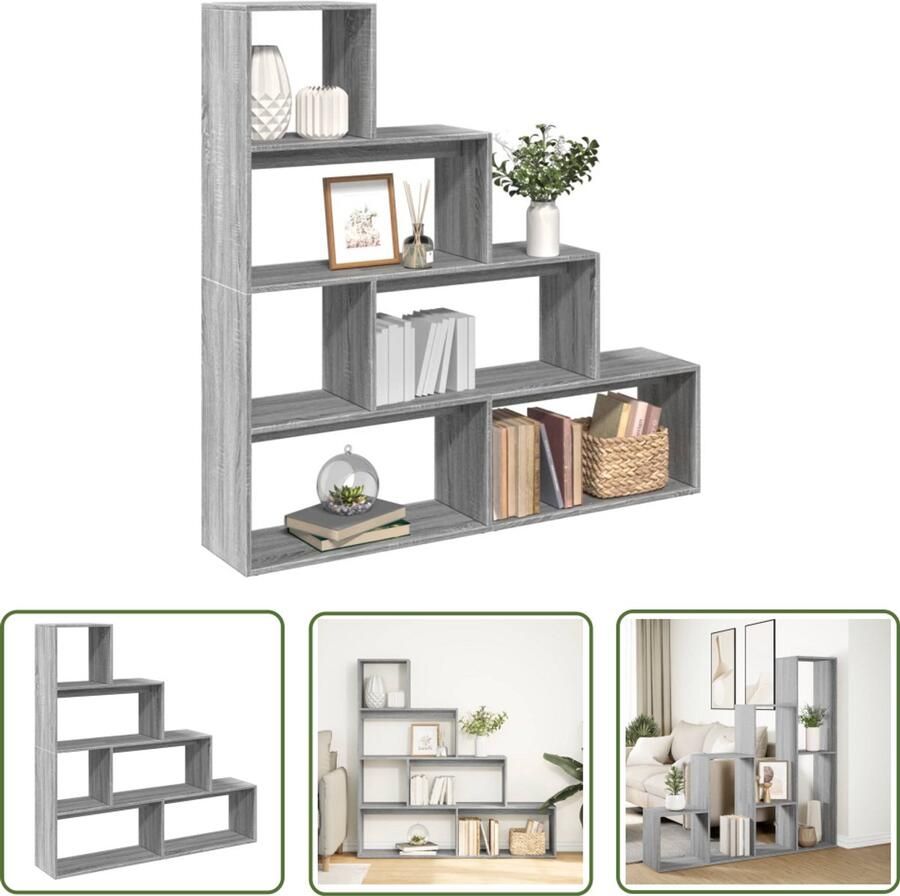 The Living Store Kamerscherm boekenkast 143 5x29x143 5 cm hout grijs sonoma Kamerdivider Boekenkast Houten Meubel Grijze Boekenkast Opbergkast
