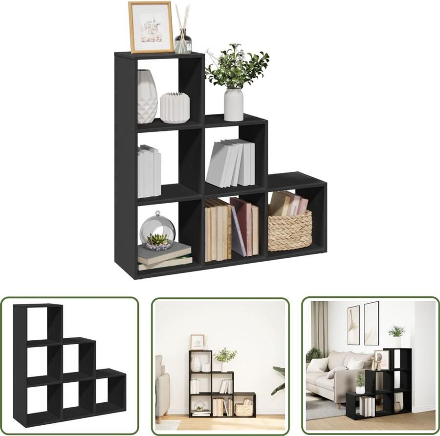 The Living Store Kamerscherm boekenkast 3-laags 99x29x99 cm bewerkt hout zwart Kamerdivider Boekenkast Houten Kast Zwarte Kast Opbergvakken