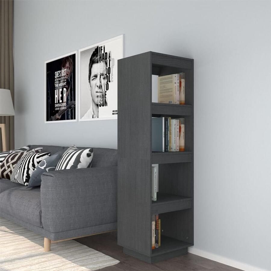 VidaXL Boekenkast Kamerscherm 40x35x135 cm Grijs Boekenkast Grenoble Hout Grijze Boekenkast Boekenplank Opslagmeubilair