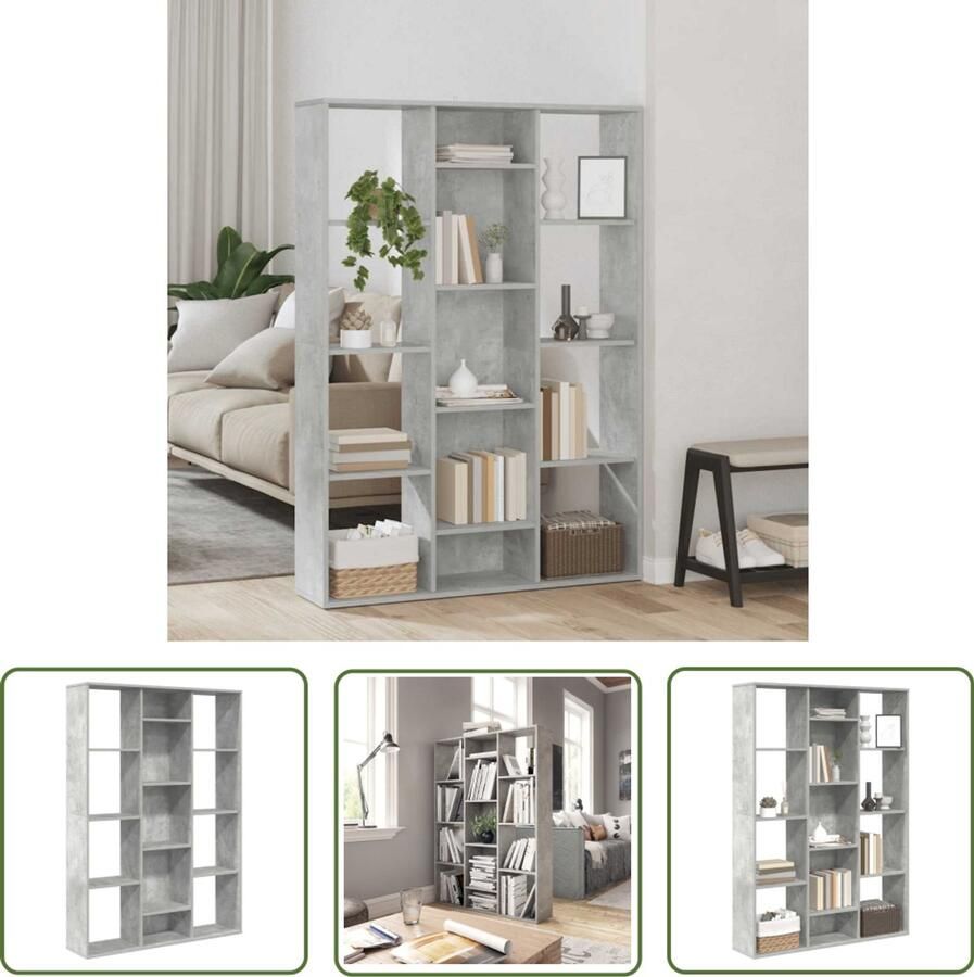 The Living Store Boekenrek Betongrijs 100x24x140 cm Met 13 vakken Te gebruiken als boekenkast Kamerscherm Boekenkast Scheidingswand Betongrijs Houten Meubels