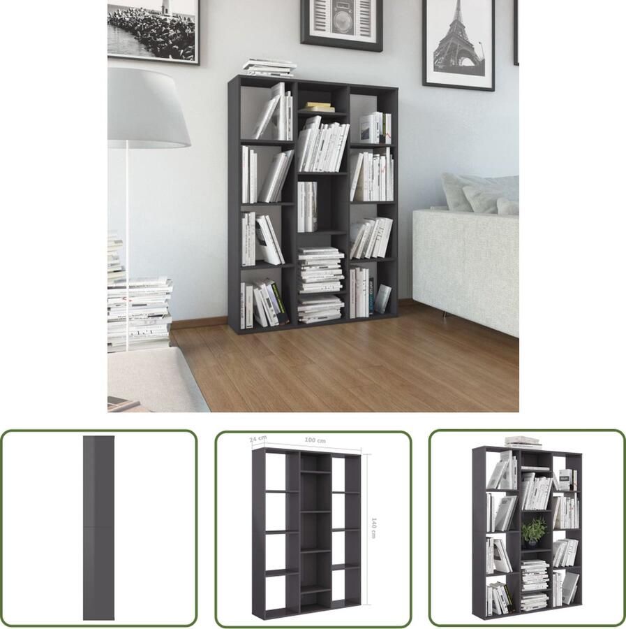 The Living Store Kamerscherm Hoogglans grijs 100 x 24 x 140 cm 13 vakken Kan ook als boekenkast gebruikt worden Kamerscherm Boekenkast Wanddecoratie Opslagoplossing Houten Meubilair