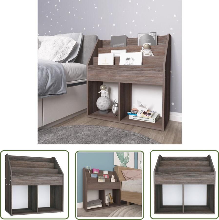 The Living Store Kindertijdschriftenrek 71x30x78 5 cm hout grijs en eikenkleur Kindertijdsschriftenrek Boekenkast Houten Kast Grijze Kast Eiken Kleur