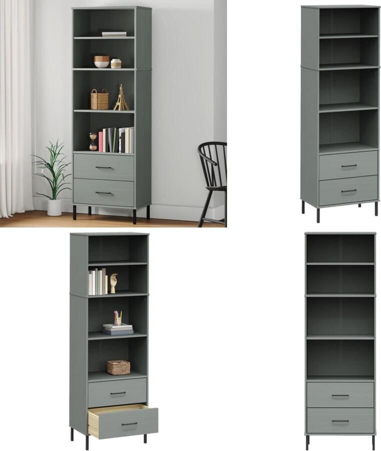 VidaXL Boekenkast met 2 lades OSLO 60x35x180 cm massief hout grijs Boekenkast Boekenkasten Boekenplank Boekenplanken