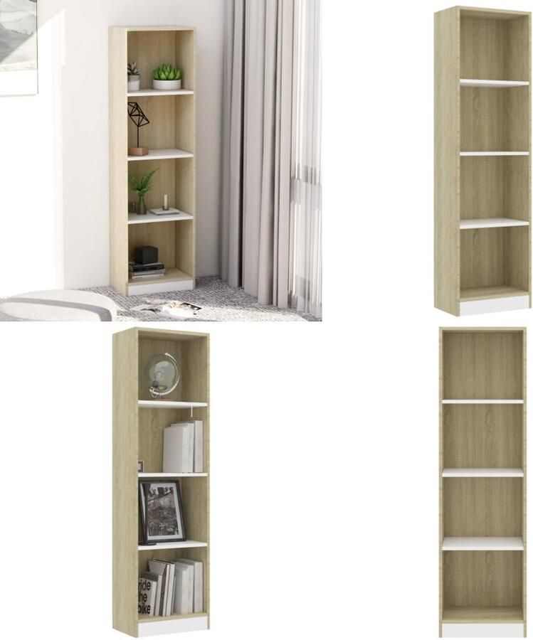 VidaXL Boekenkast met 4 schappen 40x24x142cm bewerkt hout wit en eiken Boekenkast Boekenkasten Boekenschap Boekenschappen
