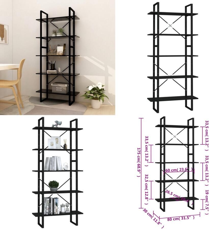 VidaXL Boekenkast met 5 schappen 80x30x175 cm bewerkt hout zwart Boekenkast Boekenkasten Kast Kasten