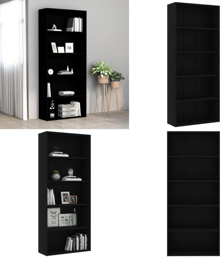 VidaXL Boekenkast met 5 schappen 80x30x189 cm bewerkt hout zwart Boekenkast Boekenkasten Kast Kasten