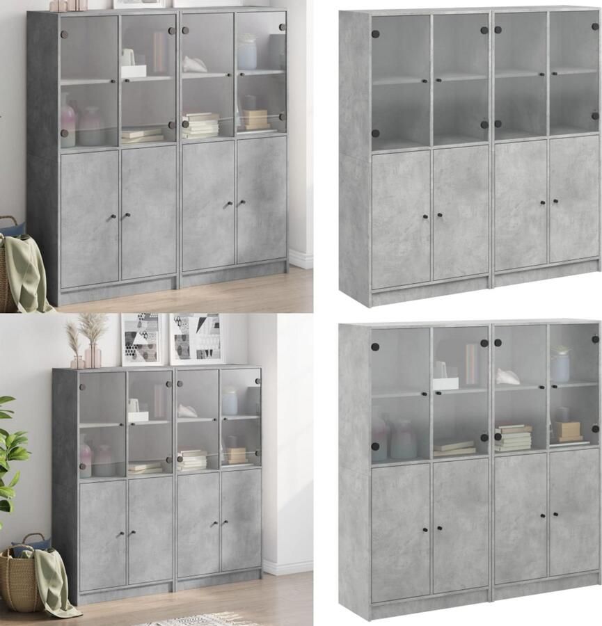 VidaXL Boekenkast met deuren 136x37x142 cm bewerkt hout betongrijs Boekenkast Boekenkasten Boeken Plank Schappenkast