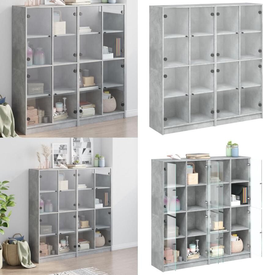 VidaXL Boekenkast met deuren 136x37x142 cm bewerkt hout betongrijs Boekenkast Boekenkasten Boeken Plank Schappenkast