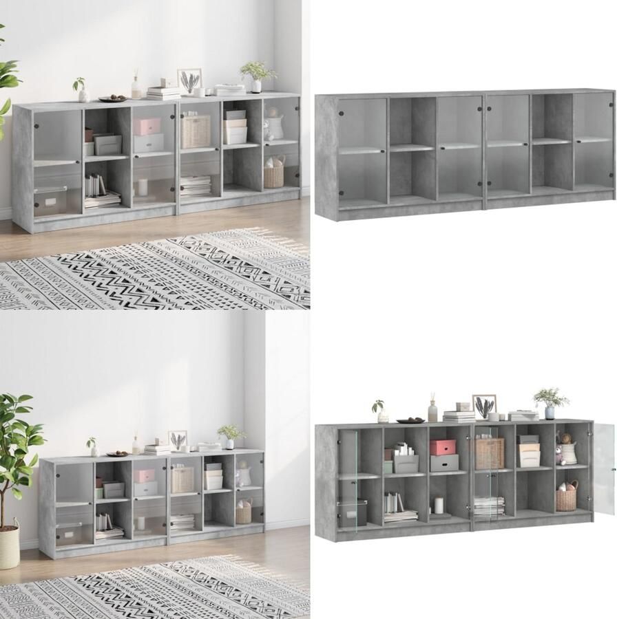 VidaXL Boekenkast met deuren 204x37x75 cm bewerkt hout betongrijs Boekenkast Boekenkasten Boeken Plank Schappenkast