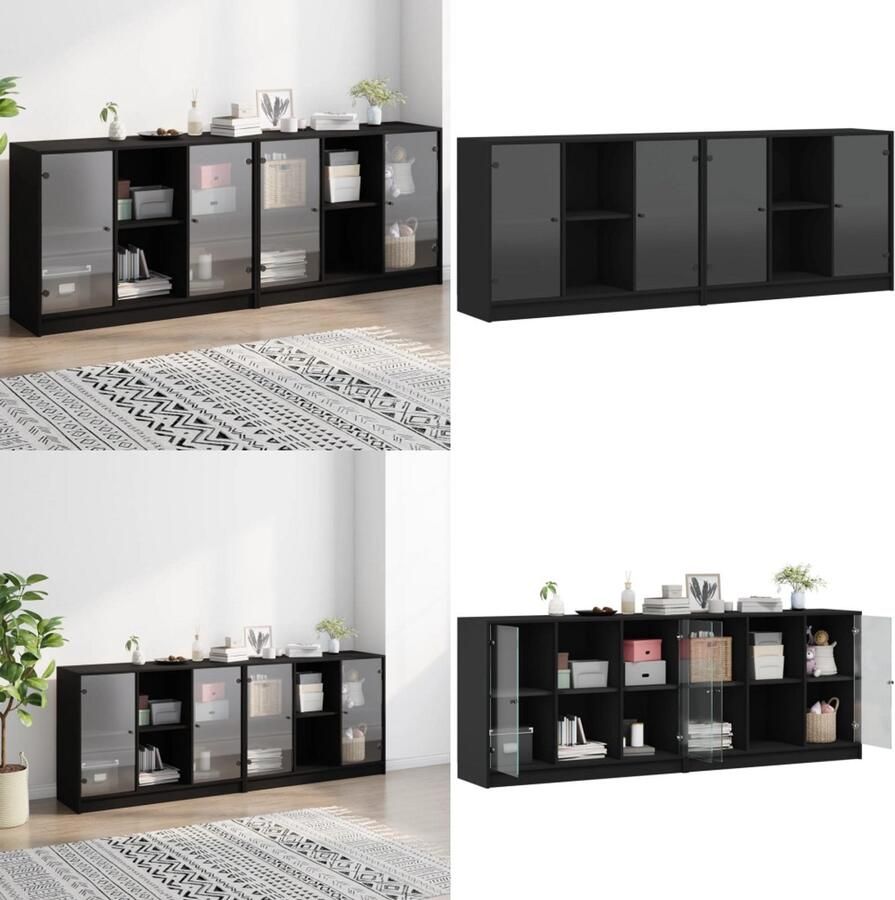 VidaXL Boekenkast met deuren 204x37x75 cm bewerkt hout zwart Boekenkast Boekenkasten Boeken Plank Schappenkast