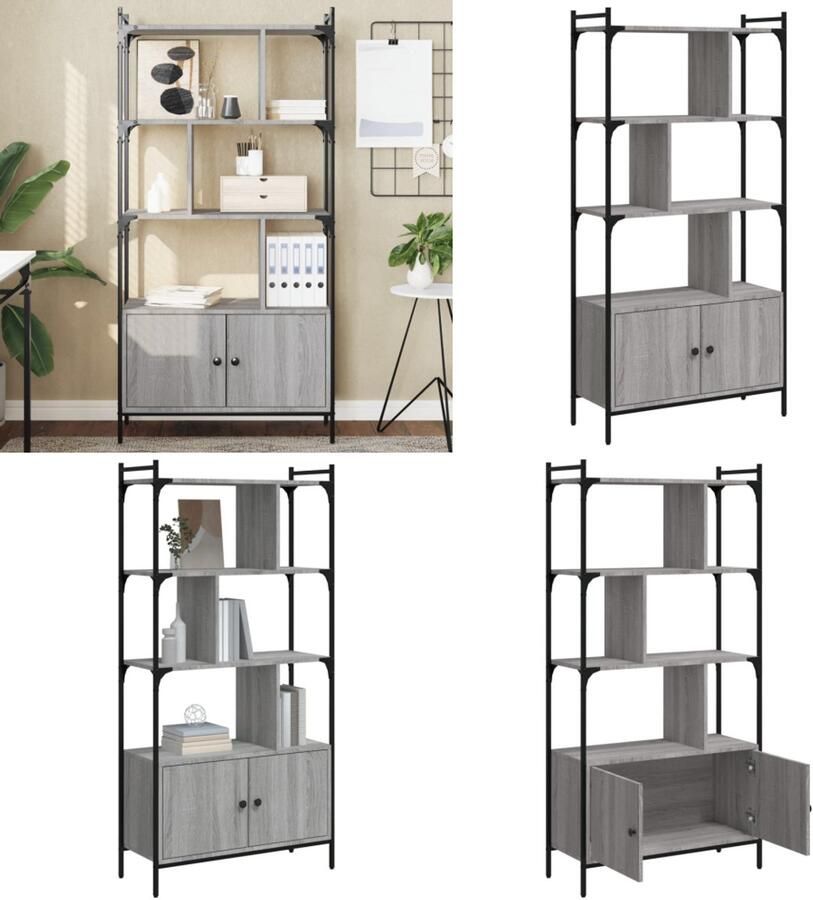 VidaXL Boekenkast met deuren 76 5x30x154 5 cm hout grijs sonoma eiken Boekenkast Boekenkasten Boeken Plank Schappenkast