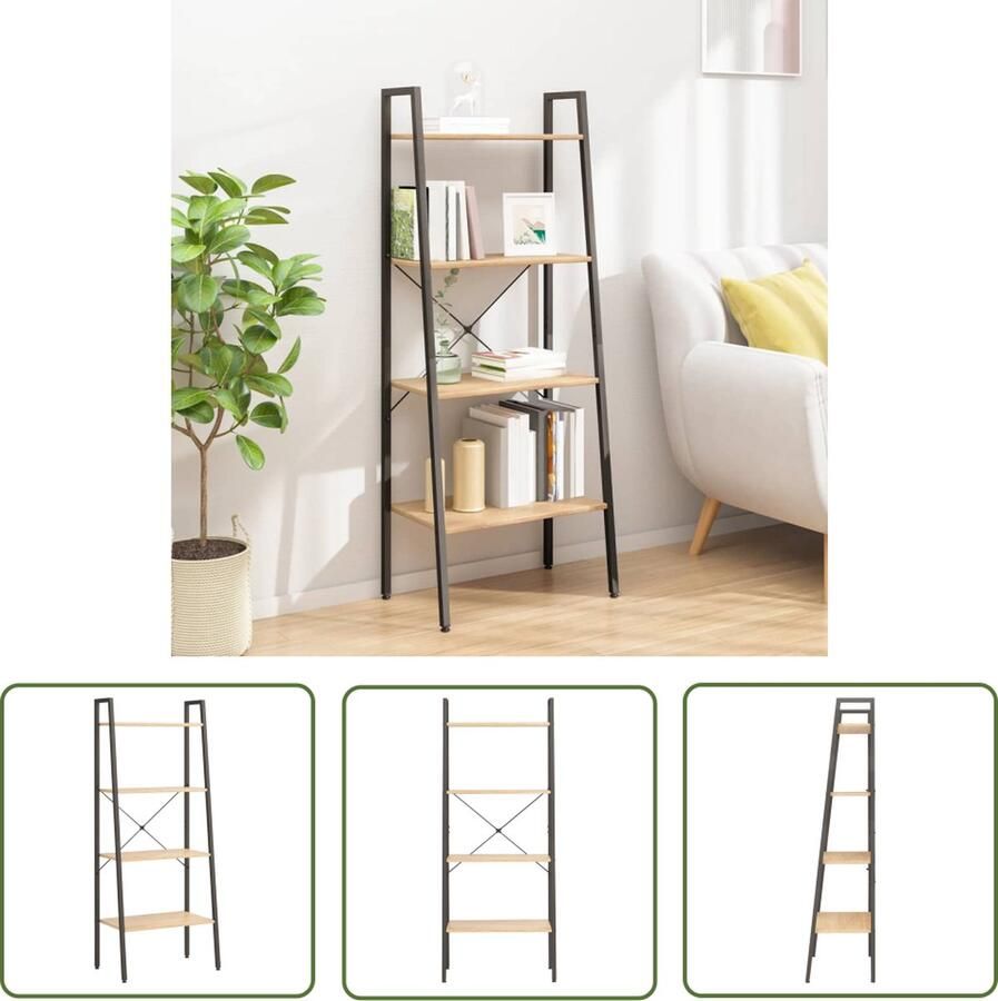 The Living Store Ladderrek met 4 schappen 56x35x140 cm lichtbruin en zwart Opslagruimte Boekenkast Kast Ladderrek Houten Kast - Foto 2