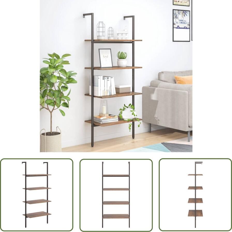 The Living Store Ladderrek met 4 schappen 64x35x152 5 cm donkerbruin en zwart Opslagruimte Boekenkast Wandplank Industrieel Design Metalen Frame - Foto 2
