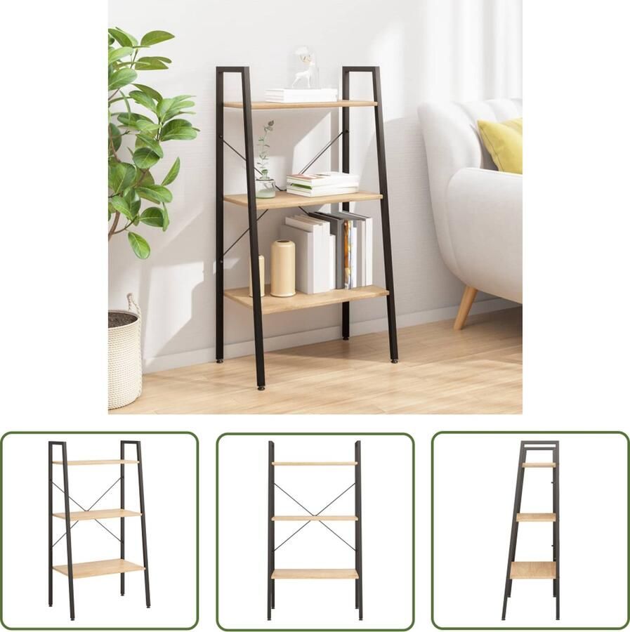 The Living Store Opbergmeubel met 3 lagen 56x35x108 cm lichtbruin en zwart Opslagruimte Boekenkast Ladderplank Houten Kast Metalen Kast - Foto 2