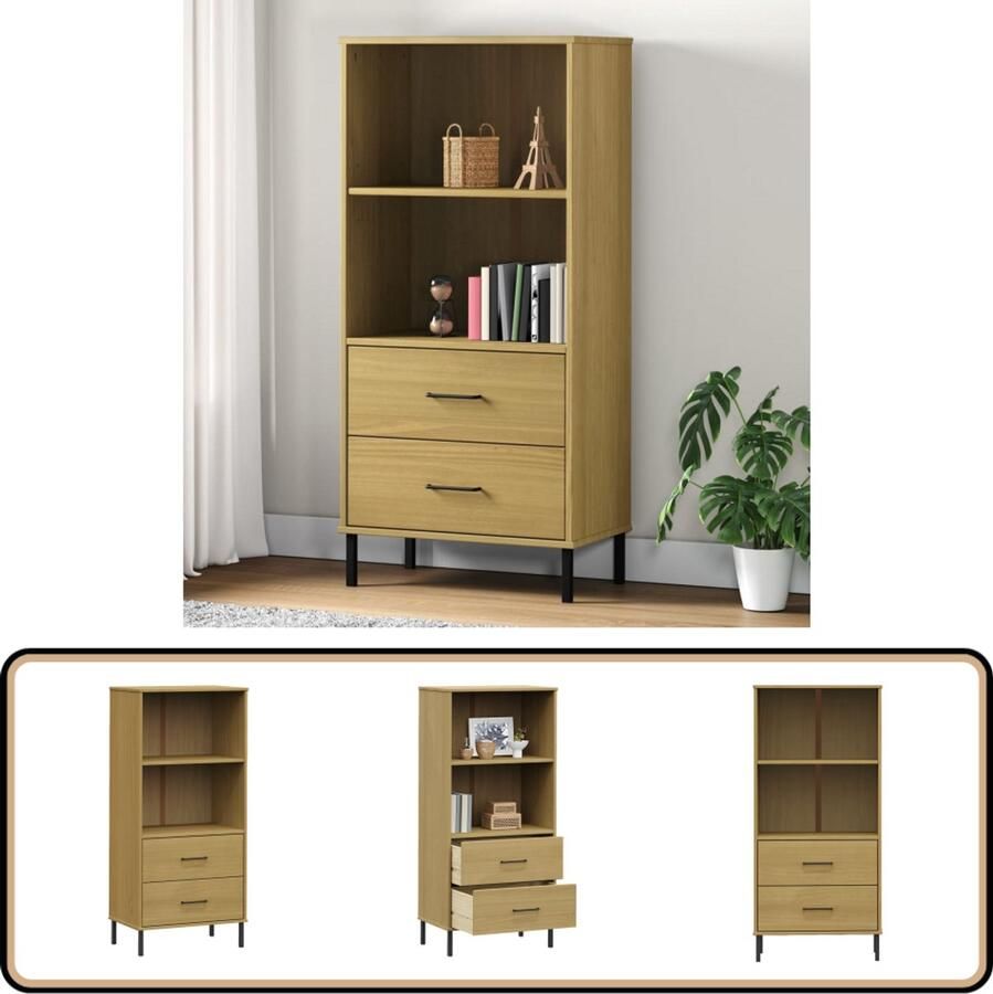 VidaXL Boekenkast OSLO Massief Hout 2 Lades Bruin Boekenkast Bibliotheek Houten Kast Bruine Kast Vintage Stijl Opslagruimte Design Meubel
