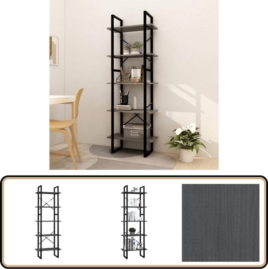 VidaXL Boekenkast Set Massief Grenenhout Grijs Boekenkast Bibliotheek Houtmeubilair Industrieel Design Grijze Boekenkast