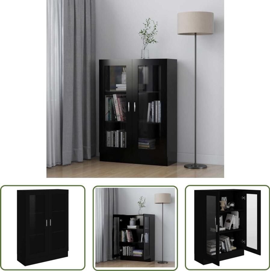 The Living Store Vitrinekast Zwart 82.5x30.5x115 cm 3 Vakken 2 Deuren Vitrinekast Boekenkast Displaycase Houten Kast Zwarte Kast - Foto 2